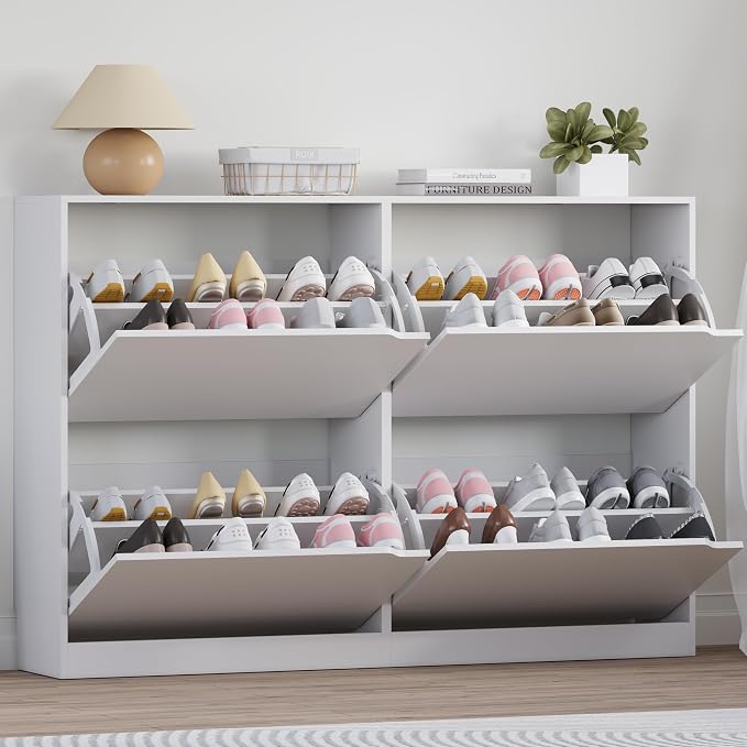 Shoe Cabinet with 4 Flip Drawers, Narrow Hidden Shoe Storage Cabinet, Slim by BORNOON