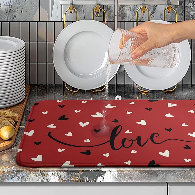 Valentine Dish Drying Mat for Kitchen Counter Valentines Day Red Black Love - Image 5