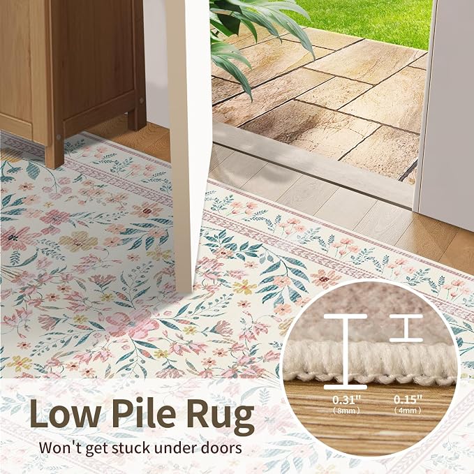 Pink Rug for Living Room Bedroom, 5x7 Washable Floral Rug, Vintage Boho Area Rug - Image 7