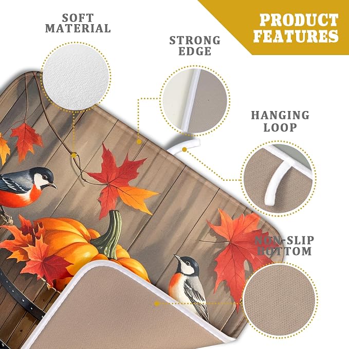 Fall Dish Drying Mat for Kitchen Counter 16x18 Autumn Pumpkin Birds Harvest - Image 4