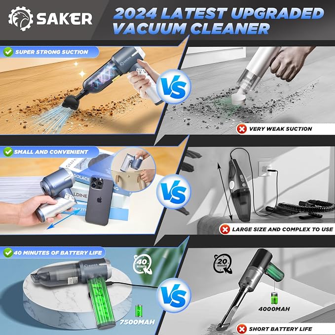 Saker Car Vacuum Cleaner 17000PA Foldable 3 in 1 Mini Handheld Vacuums Portable - Image 3