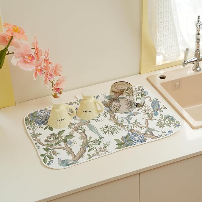 Blue Green Floral Bird Dish Drying Mats 18x24 Inch Blue Green Vintage Flowers - Image 5