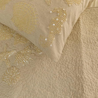 The HomeCentric King Queen Twin Beige Handmade Queen 74"x18" Bed Runner with 2 Pillow Cover, Pearl Embroidery Bed Scarf on Linen Fabric - Off to The Sea