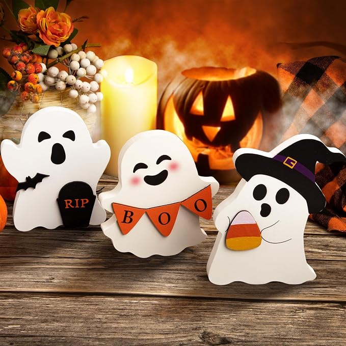 COCHIE Cute Ghost Halloween Decorations Indoor, Wooden Tiered Tray Decor Table by COCHIE