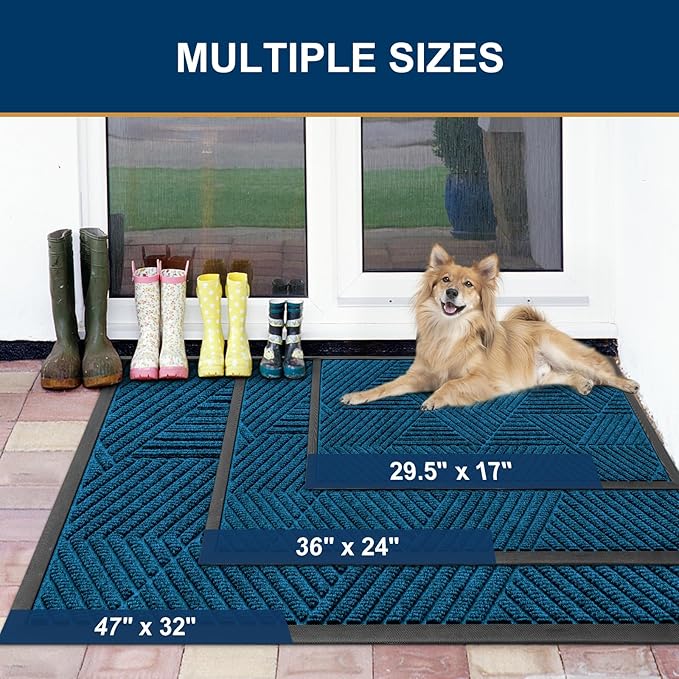 Smiry Front Door Mat Outside Entrance, Heavy Duty Sturdy Natural Rubber Doormat, Trap Dirt and Moisture, Easy Clean Low Profile Mats for Indoor Outdoor Entry, Irregular Triangle (47x32, Mixed Blue)