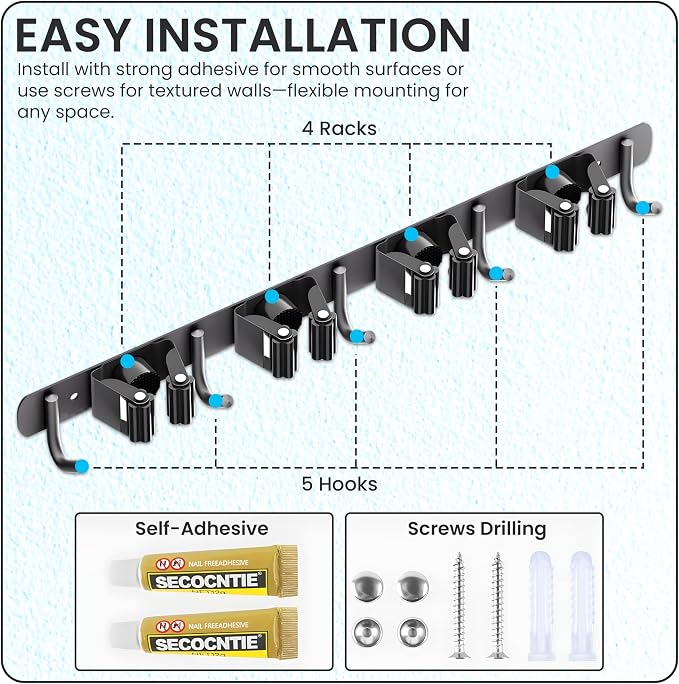 Wall Mount Broom Holder | Heavy Duty Stainless Steel Mop Organizer - Image 4