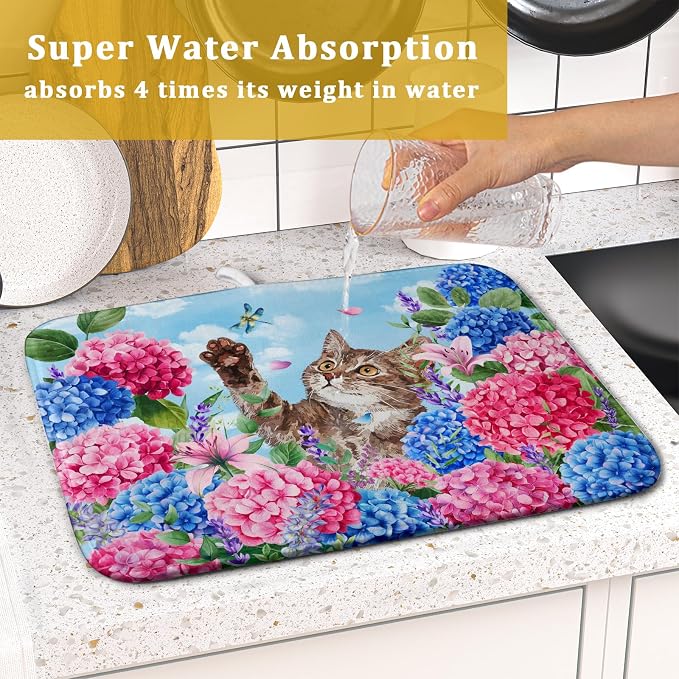 Hydrangea Floral Dish Drying Mat Cute Cat Microfiber Absorbent Dish Drying Pad - Image 7