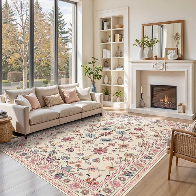 Pink Rug for Living Room Bedroom, Floral 6x9 Washable Rug, Vintage Boho Area Rug by Rugxara