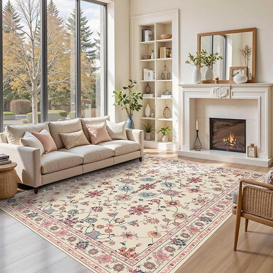 Pink Rug for Living Room Bedroom, Floral 6x9 Washable Rug, Vintage Boho Area Rug by Rugxara