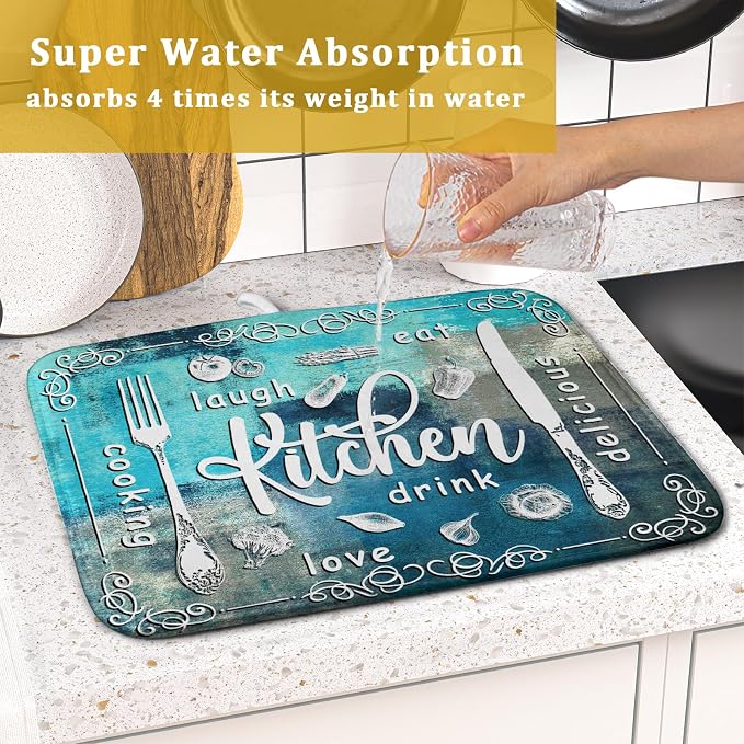 Blue Grey Dish Drying Mat 16x18 Inch Cooking Delicious Absorbent Drying Pad - Image 7
