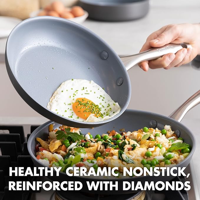 GreenPan Lima Hard Anodized 8" 10" & 12" Frying Pan Skillet Set, Ceramic - Image 2
