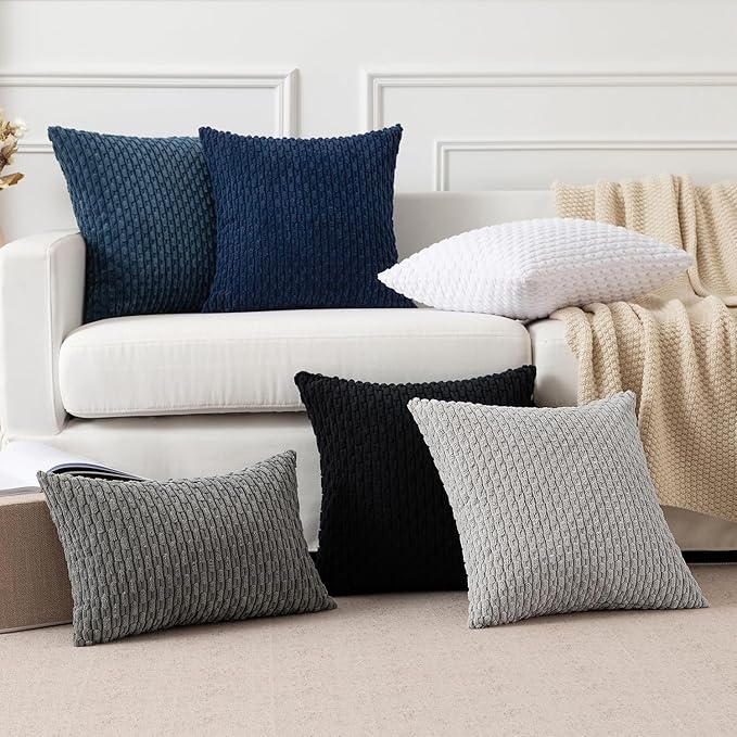 Kevin Textile 14x24 Inch Pillow Cover 1 Pack Boho Decorative Soft Striped Corduroy Lumbar Farmhouse Color Accent Rectangle Cushion Case for Living Room Couch Sofa Bed, Navy Blue