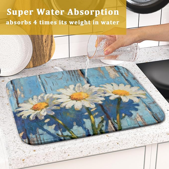 Daisy Floral Dish Drying Mat for Kitchen Counter 16x18 Spring Summer Theme - Image 7