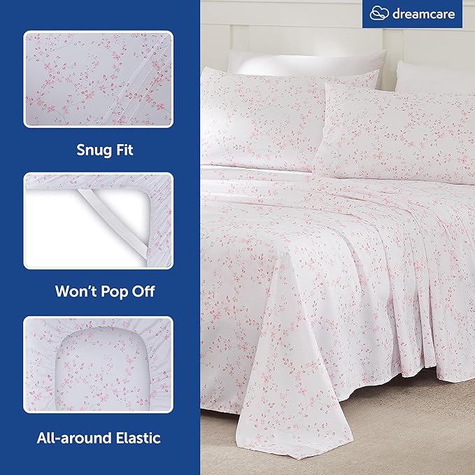 DREAMCARE King Size Sheets - Floral Sheets Bed Set - 4pcs King Sheet - Cooling Bed Sheets - King Size Sheet Sets - Soft & Long Lasting - Floral Blossom