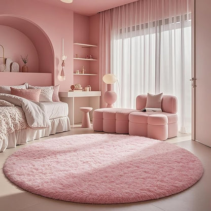 Ophanie Round Rugs 5Ft Pink Circle Area Rug, Fluffy Fuzzy Bedroom Carpet, Plush Soft Shaggy Indoor Floor Kawaii Living Room Rugs for Kids, Cute Room Decor for Teen Girls Home Decor Aesthetic, Nursery
