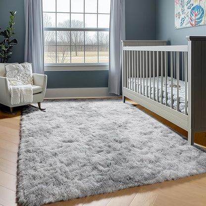 ONASAR Area Rugs 9x12 Living Room, Tie-Dyed Light Grey Large Fluffy Bedroom Rug, Washable Soft Plush Thick Shaggy Big Floor Carpet for Kids Boy Girls Teen Dorm Nursery Indoor Home Decor Aesthetic