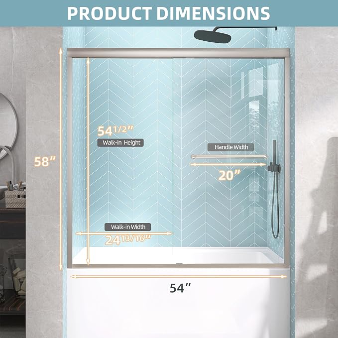 GETPRO Bathtub Sliding Door 50-54 in. W x 58 in. H Semi-Frameless Bypass Double - Image 9