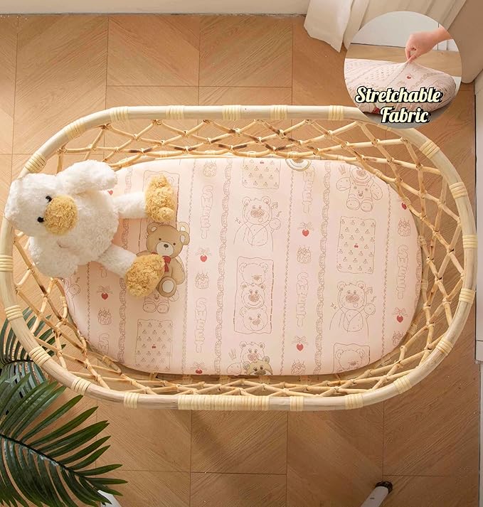 SDY Jersey Bassinet Sheets for Baby Girls,32 "x 16 "x 4", Pink Kawaii Bear Standard Oval/Retangle Bassinet Mattress Sheets for Toddler,Super Soft Breathable