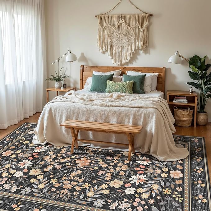 Floral Rug for Living Room Bedroom, 5x7 Washable Rug, Large Non Slip Low Pile - Image 3