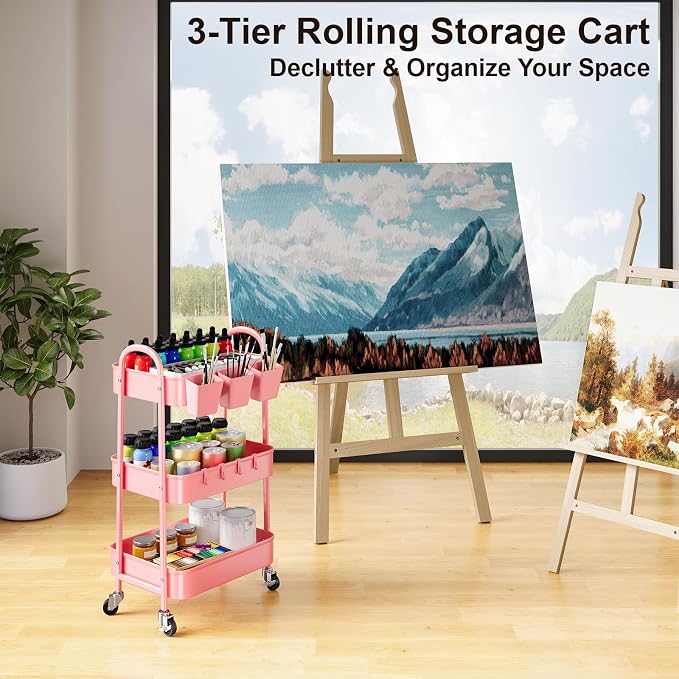 3 Tier Metal Rolling Cart with Lockable Wheels and Handle, Three Tiered Pink - Image 6