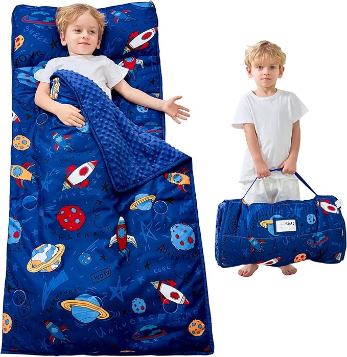 Toddler Nap Mat with Pillow and Blanket, Extra Large Rolled Napping Mats,Slumber Bags for Boys Girls,Kids Sleeping Bag for Daycare, Preschool Travel Camping