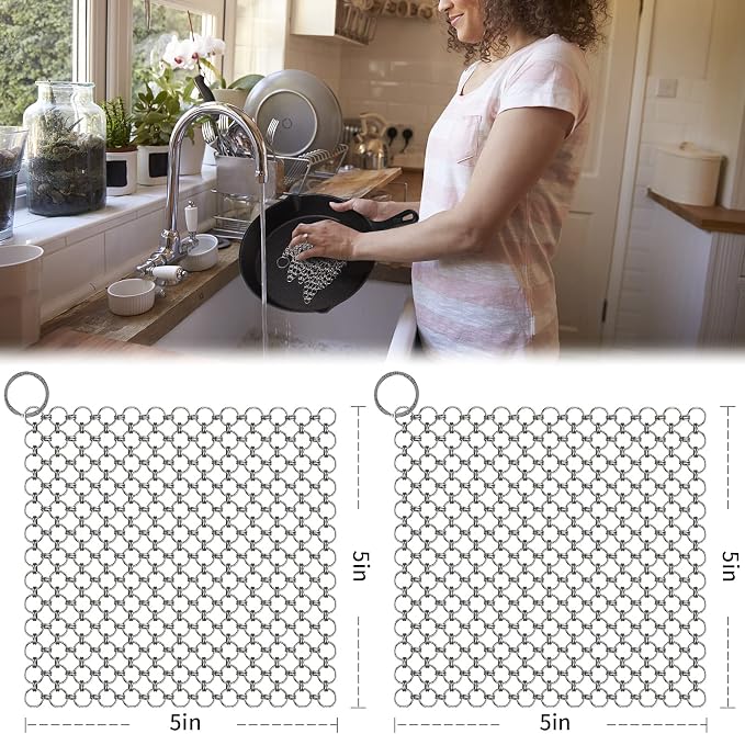 2pcs 5”x5“ Chain Mail Cast Iron Cleaner Scrubber, 316 Chainmail Scrubber Cast - Image 6