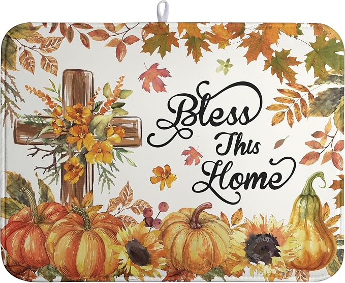 Fall Drying Mat for Kitchen Counter Autumn Thanksgiving Pumpkin Cross Dish Mat by Wnoesat