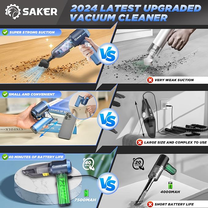 Saker Portable Car Vacuum Cleaner Cordless High Power 17000PA 3 in 1 Foldable - Image 6