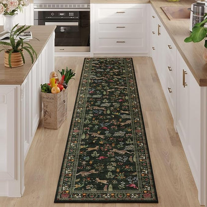 Rugcomf Runner Rug for Kitchen Rug Non Slip 2'6''x8' Washable Rugs with Rubber Backing Soft Floral Animal Carpet Runner for Kitchen, Laundry, Bedroom, Bathroom (Green)
