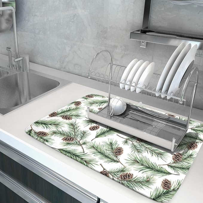 Winter Dish Drying Mat for Kitchen Counter Pine Needle Cone Festival Xmas - Image 5