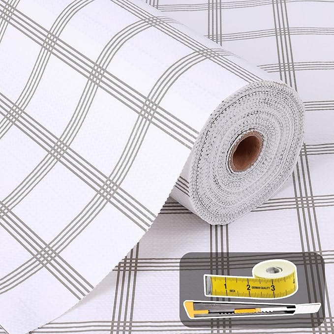 Shelf Liner for Kitchen Cabinets Non Adhesive Drawer Liner Non-Slip Thickened Shelf Liner Paper Strong Easy to Clean for Tool Box Refrigerator with Knife and Tape Measure, White Square, 11.8 x 118 in