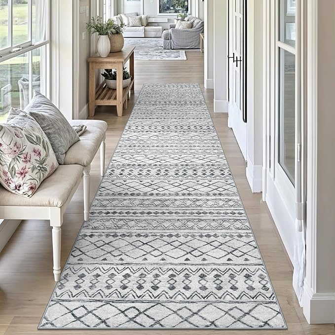 KUTA Boho Runners for Hallways 2.6x10 ft Moroccan Washable Runner Rug Non-Slip Vintage Grey Kitchen Rugs Ultra Soft Distressed Geometric Floor Carpet for Bedroom Laundry Living Room