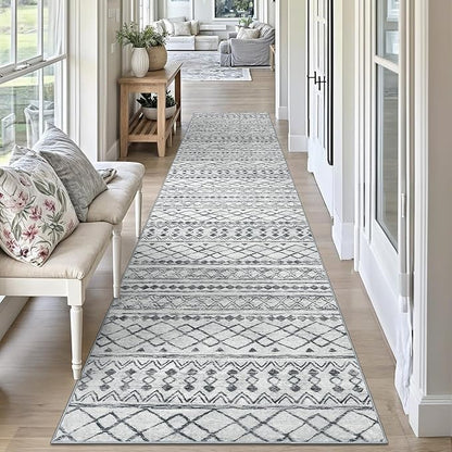 KUTA Boho Runners for Hallways 2.6x10 ft Moroccan Washable Runner Rug Non-Slip Vintage Grey Kitchen Rugs Ultra Soft Distressed Geometric Floor Carpet for Bedroom Laundry Living Room