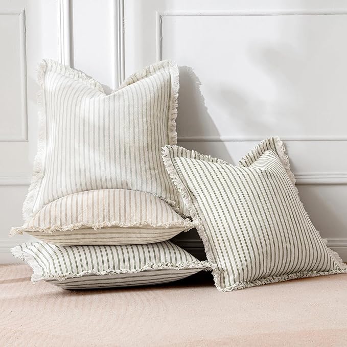 MIULEE Pack of 2 Sage Green Pillow Covers 26x26 Inch Striped Farmhouse Couch Throw Pillow Covers with Fringe Chic Linen Decorative Cushion Eruo Sham for Sofa Living Room Bed Outdoor Home Decor