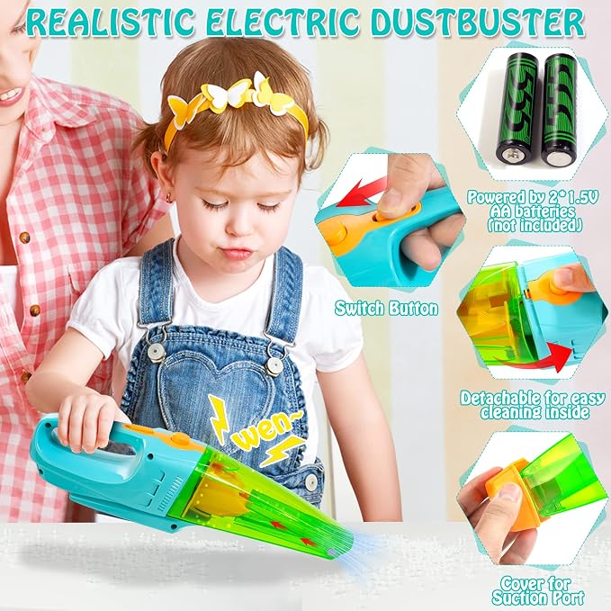 Kids Cleaning Set with Electric Vacuum Cleaners, Wooden Pretend Play - Image 3