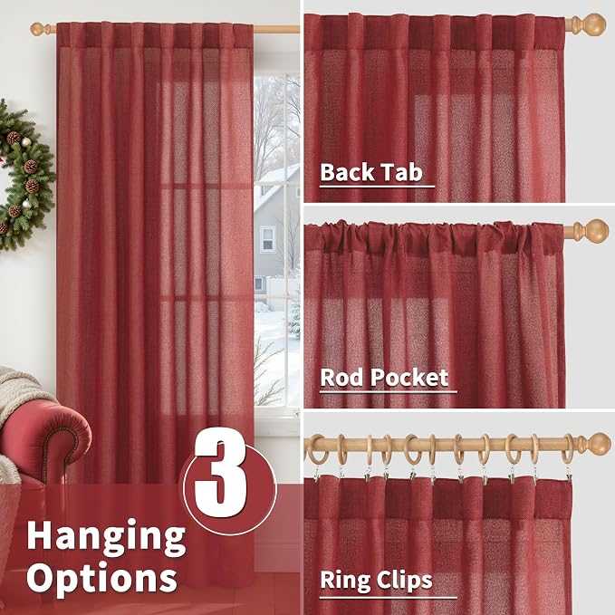 YoungsTex Red Linen Semi Sheer Curtains 84 Inch Length - Image 6