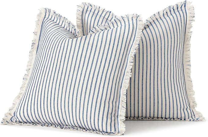 MIULEE Pack of 2 Royal Blue Pillow Covers 20x20 Inch Striped Farmhouse Couch Throw Pillow Covers with Fringe Chic Linen Decorative Cushion Covers for Sofa Living Room Bed Outdoor Home Decor