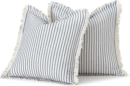 MIULEE Pack of 2 Royal Blue Pillow Covers 20x20 Inch Striped Farmhouse Couch Throw Pillow Covers with Fringe Chic Linen Decorative Cushion Covers for Sofa Living Room Bed Outdoor Home Decor