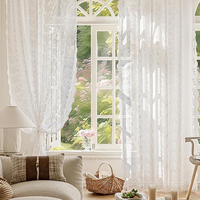 Anmao Vintage White Lace Curtains 72 Inches Long 2 Panels Set, Romantic Elegant Light Filtering Semi Sheer Floral Thick Lacy Curtain Drapes for Living Room and Bedroom, Each Panel 55W x 72L, Off White
