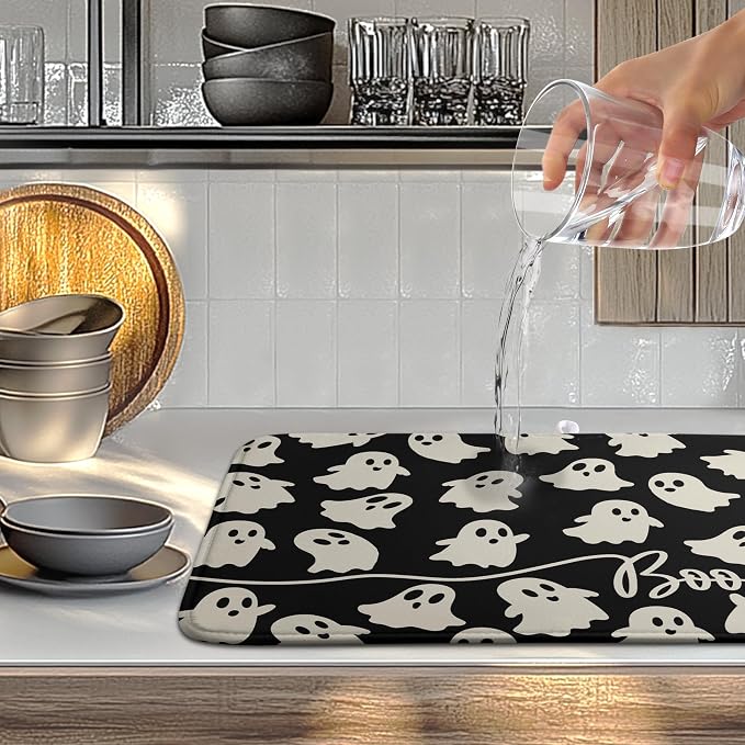 Halloween Ghosts Dish Drying Mat Black and White Large Kitchen Mats Dish Drying - Image 2