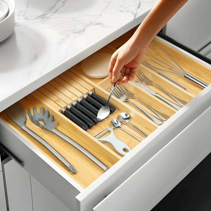 VaeFae Bamboo Kitchen Drawer Organizer, Wooden Utensil Tray - Image 7