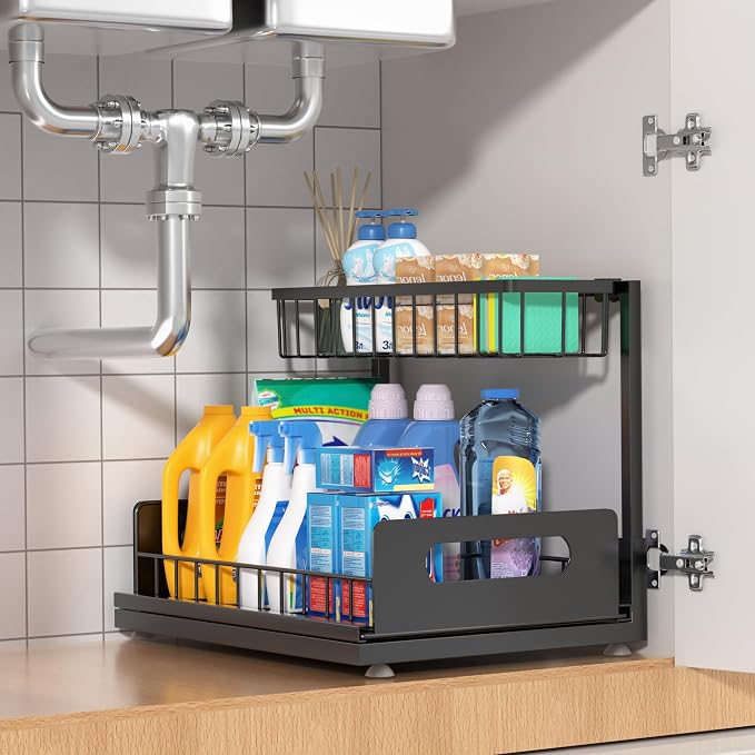Under Sink Organizer 2 Tier, Pull Out Drawer Slides Under Sink Storage by MERATIA