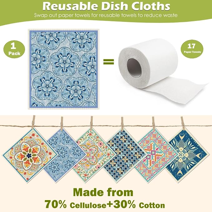 6 Packs Swedish Paper Cloths for Kitchen, Reusable Paper Towels Washable Dish - Image 3
