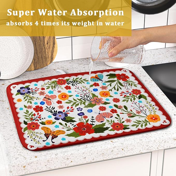 Flowers Printed Dish Drying Mat Floral Coffee Mat - Image 7
