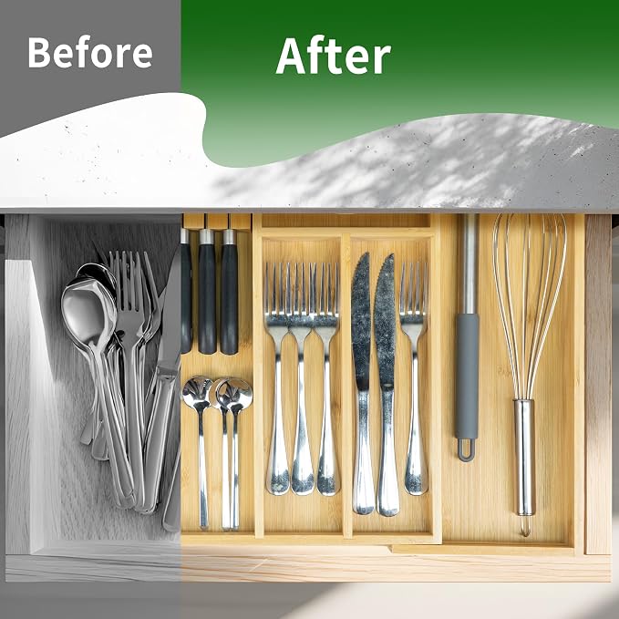 VaeFae Bamboo Kitchen Drawer Organizer, Wooden Utensil Tray - Image 5