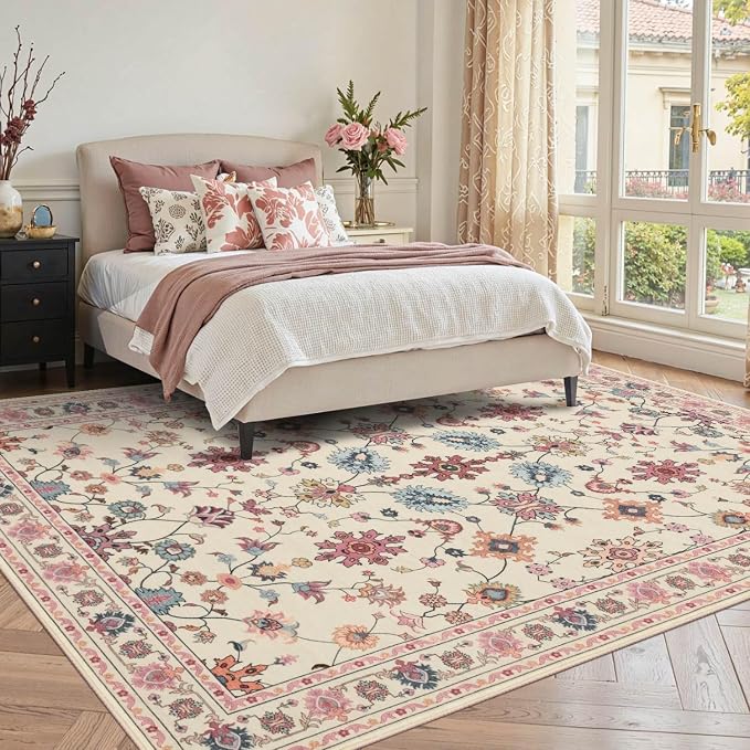 Pink Rug for Living Room Bedroom, Floral 5x7 Washable Rug, Vintage Boho Area Rug - Image 3
