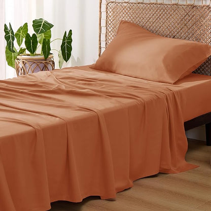 Bedsure Cooling Sheets Twin XL, Rayon Derived from Bamboo, Breathable & Soft Twin XL Sheet Sets, Deep Pocket Up to 16 Inches, Hotel Luxury Silky Dorm Bedding for Hot Sleepers, Burnt Orange