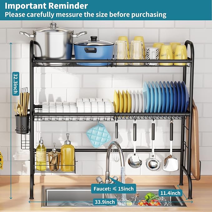HOWDIA Over The Sink Dish Drying Rack, 3-Tier Stainless Steel Large Over The - Image 3