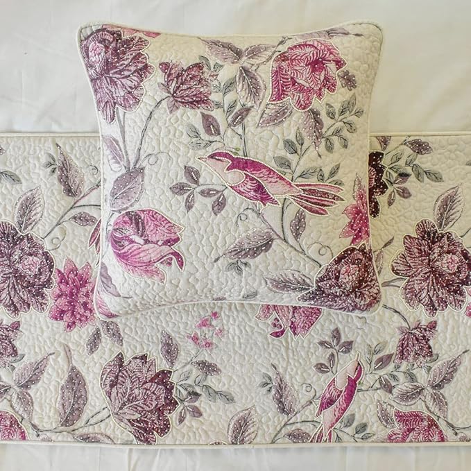 The HomeCentric King/Queen/Twin Pink Decorative Queen 74"x18" Bed Runner with Pillow Cover, Quilted, Printed & Pearl Embroidery Bed Scarf on Cotton Fabric - Vintage Birdie