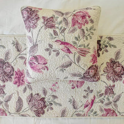 The HomeCentric King/Queen/Twin Pink Decorative King 90"x18" Bed Runner with Pillow Cover, Quilted, Printed & Pearl Embroidery Bed Scarf on Cotton Fabric - Vintage Birdie